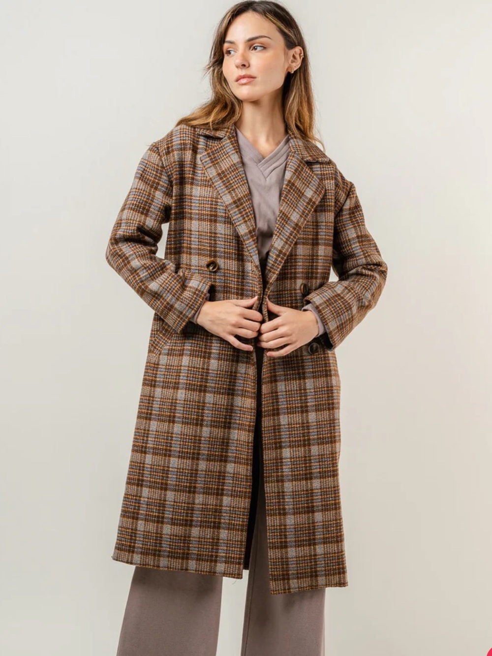 Tahari Plaid Trench Coat in Beige and Black